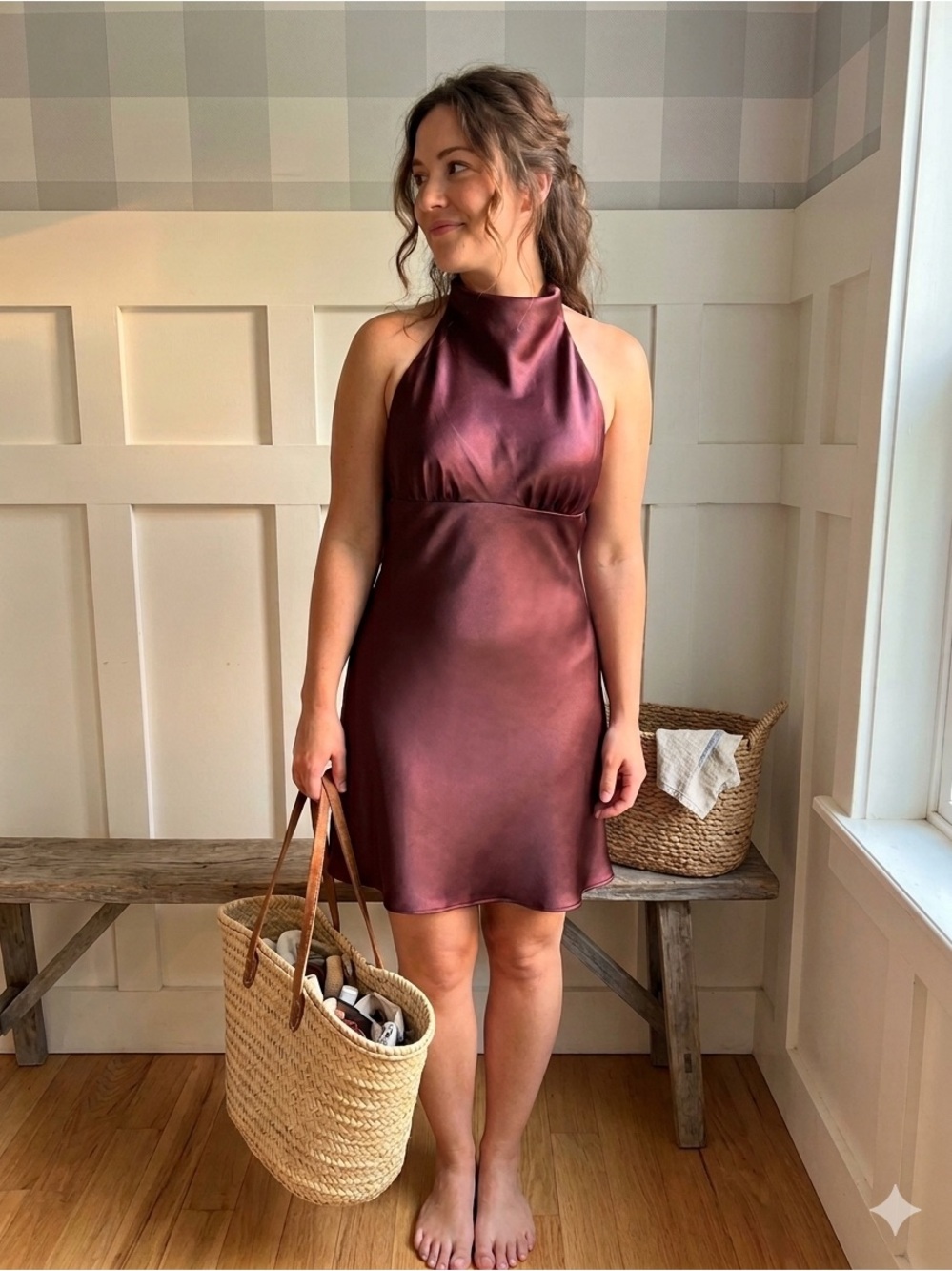 Zara Halter Satin‎ Dress in Burgundy Brown Large